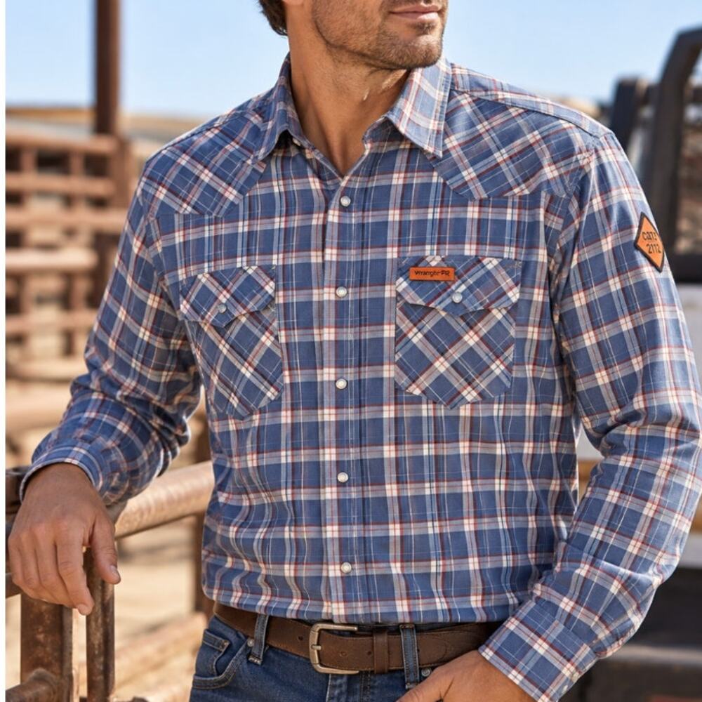 Wrangler FR Flame Resistant Western Snap Shirt Blue Plaid Men’s XL Workwear